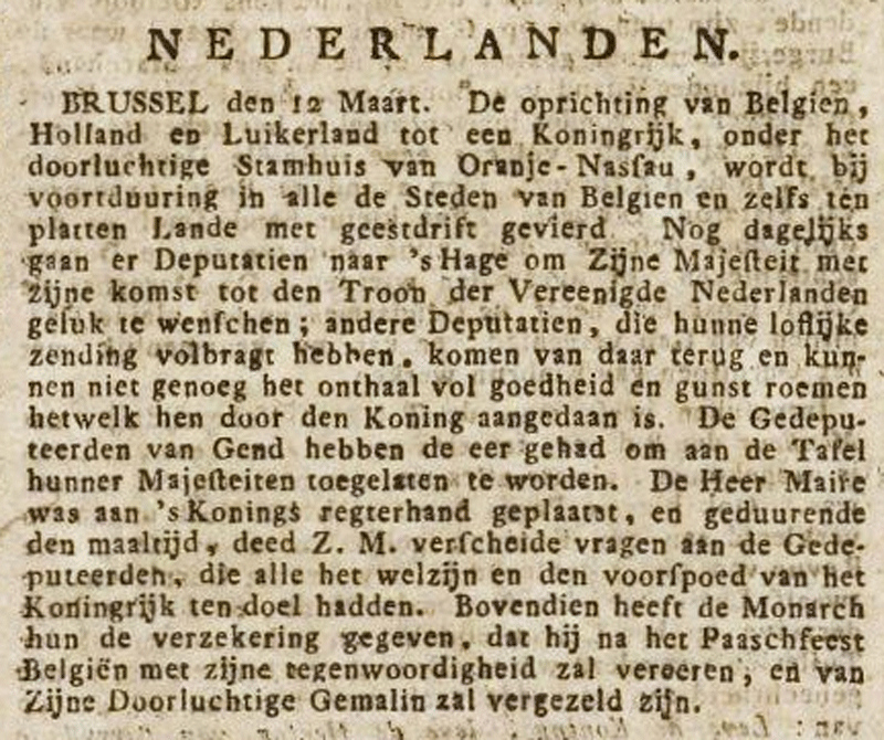 Aankondiging oprichting Koninkrijk uit België, Holland en Luik in Leydse Courant van 15 maart 1815 (collectie Koninklijke Bibliotheek)