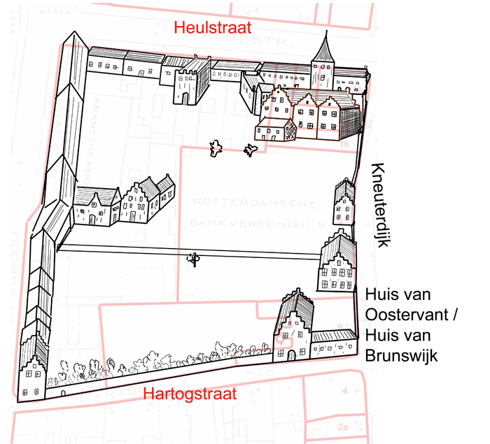 reconstructie van middeleeuws situatie van Kneuterdijk 6