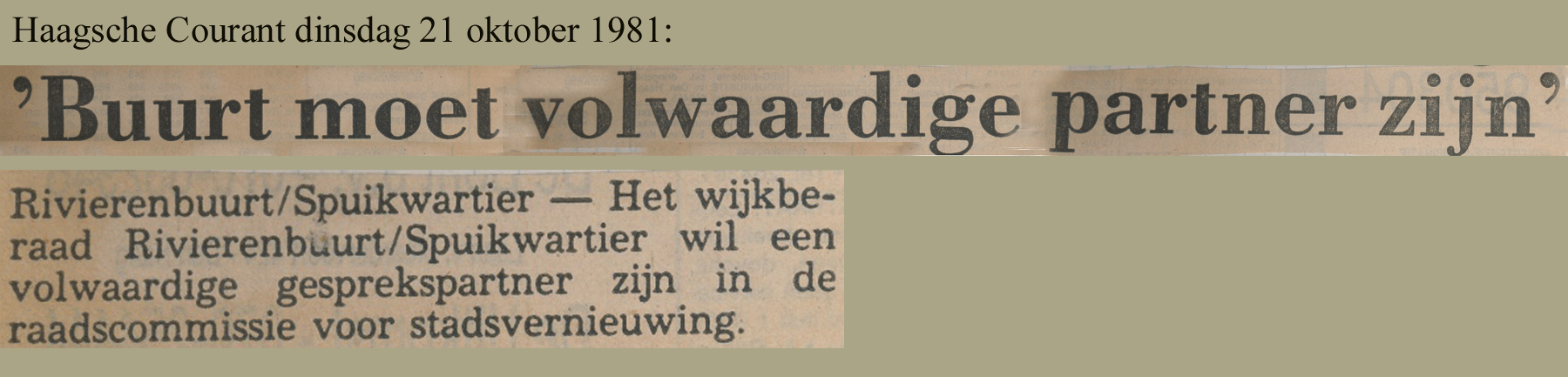 Krantenkop Haagsche Courant over wijkberaad Rivierenbuurt/Spuikwartier