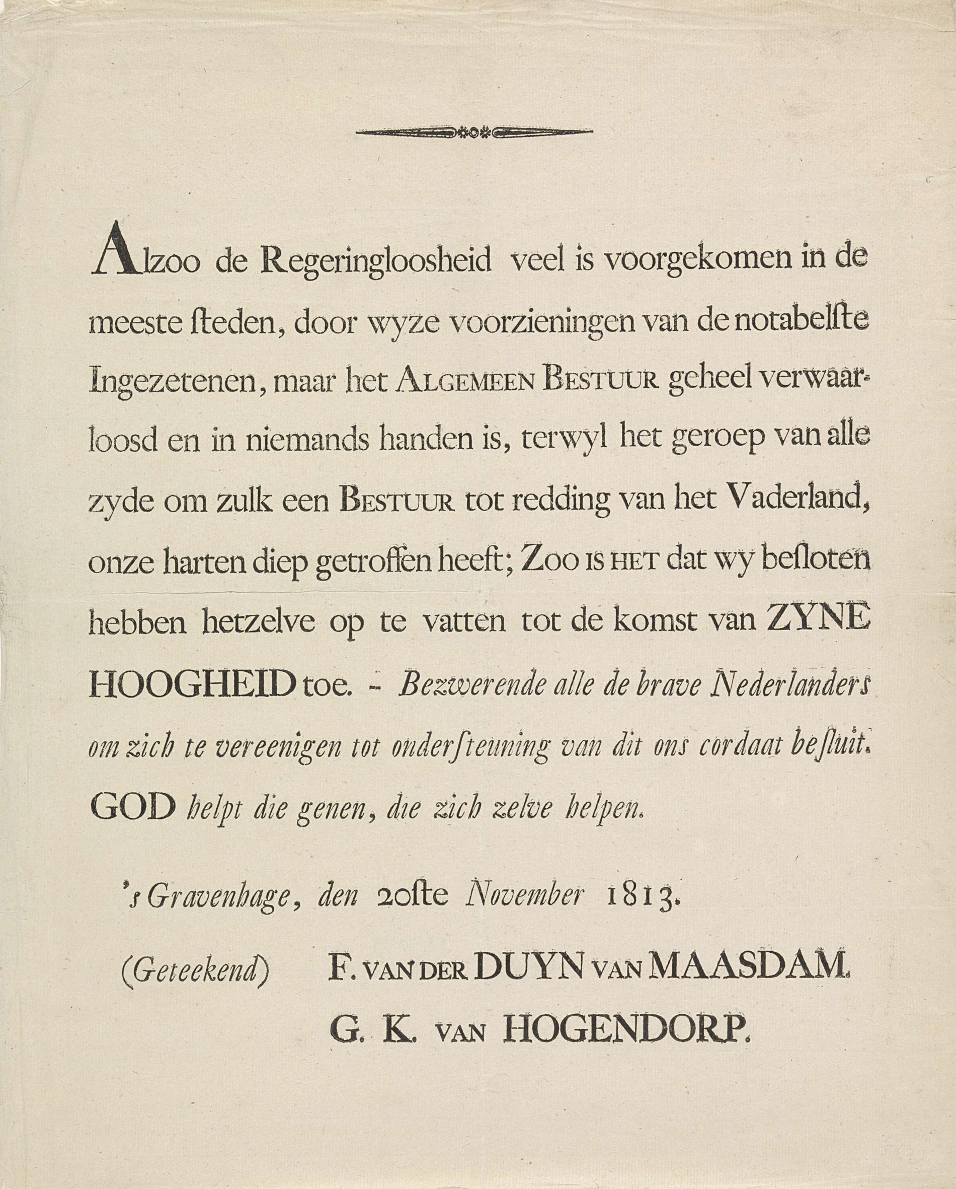 Proclamatie van A.F. van der Duyn en G.K. van Hogendorp, 20 november 1813 (Rijksmuseum)