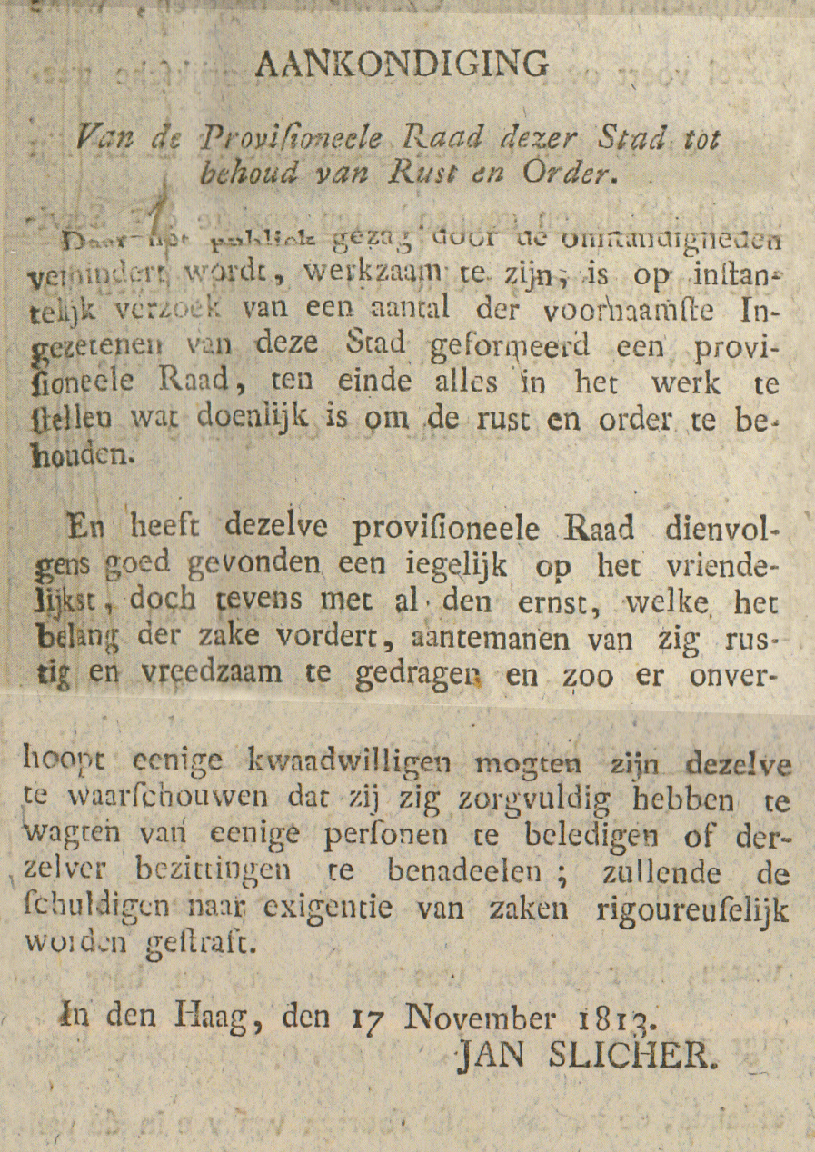 Aankondiging Provisionele Raad van Den Haag van 17 november 1813