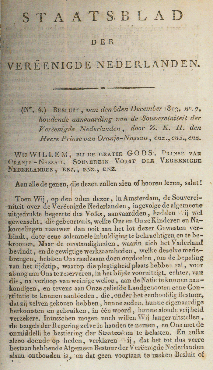 Aanvaarding soevereiniteit door Souverein Vorst Willem I op 6 december 1813