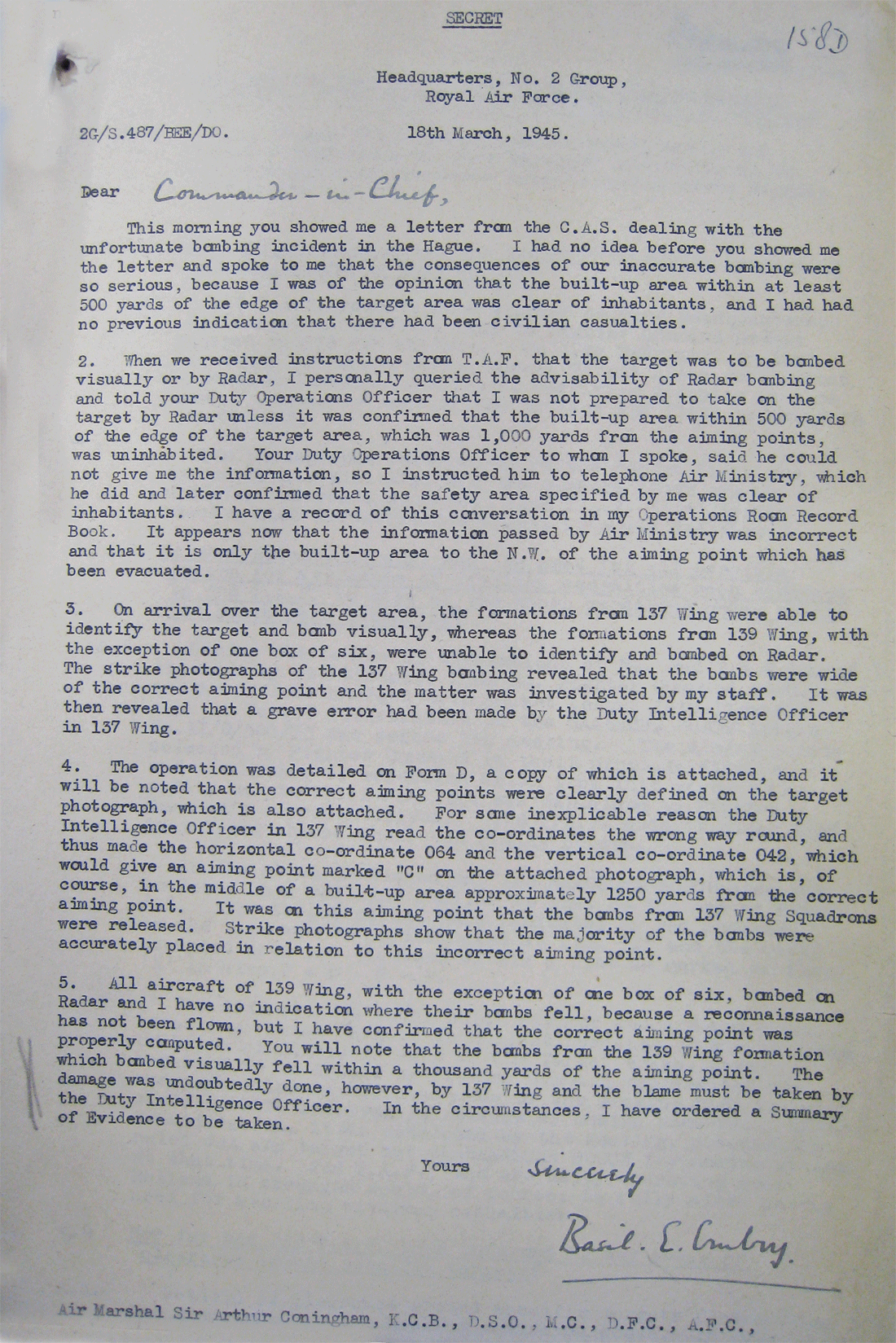 Brief van Basil Embry aan zijn commandant Coningham.