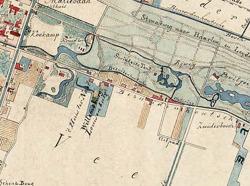 Plattegrond uit 1839. Links van Huis ter Noot het terrein van villa Boschlust ingetekend.