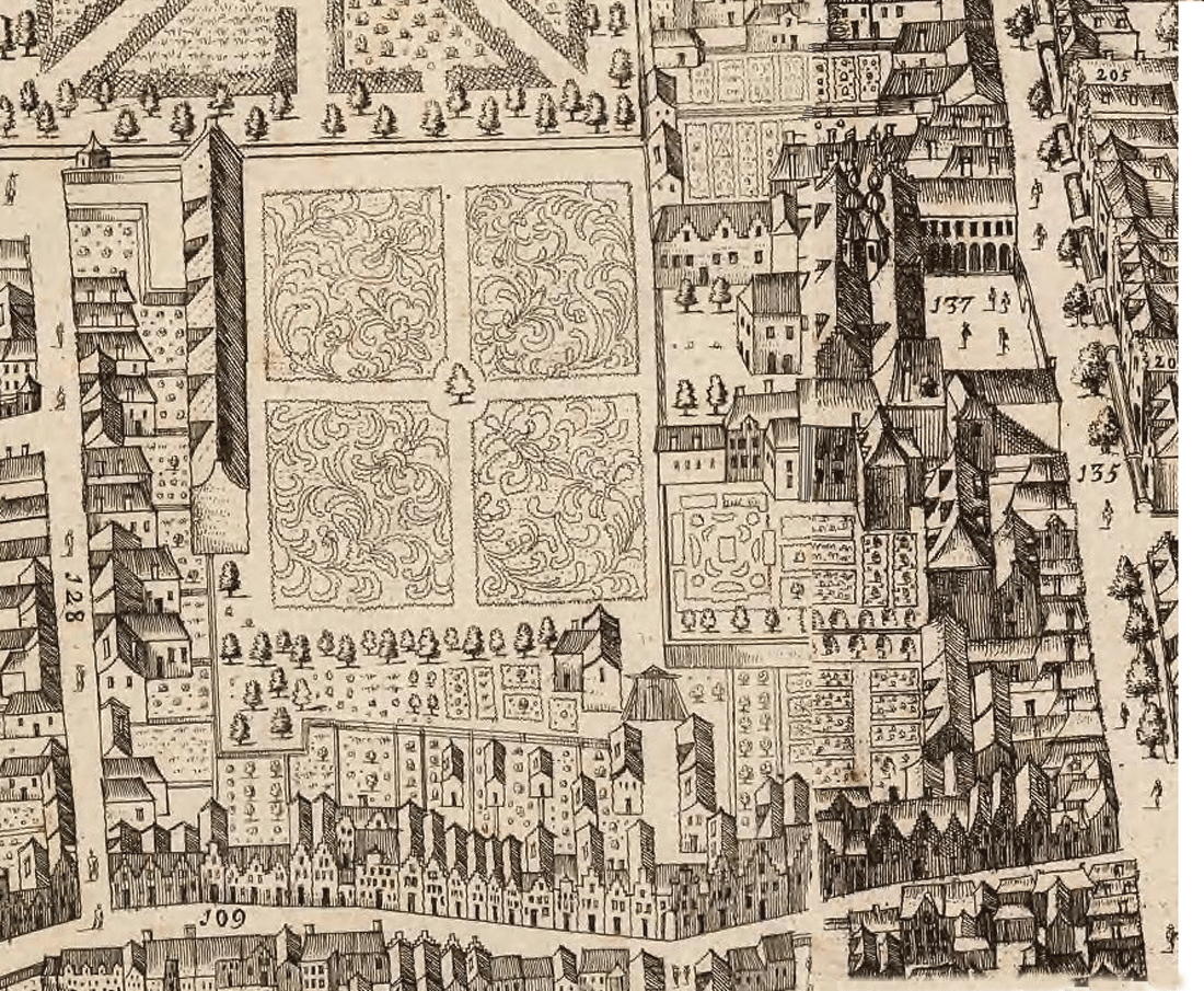 Vogelvluchtkaart van het Oude Hof na de verbouwing voor Willem II en Mary Stuart