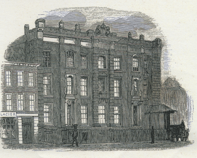 Oude tekening van het voormalige logement van Amsterdam, ca. 1850