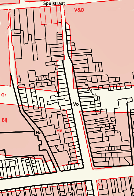 Kaart van de Voldersgracht voor aanleg van de Grote Marktstraat 